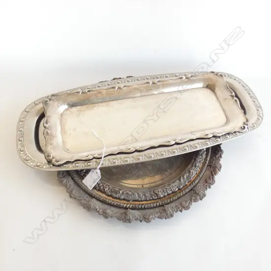 5 SILVER PLATE TRAYS; 3 ROUND (LARGEST DIA  350MM) & 2 OBLONG (LARGEST L  510MM)
