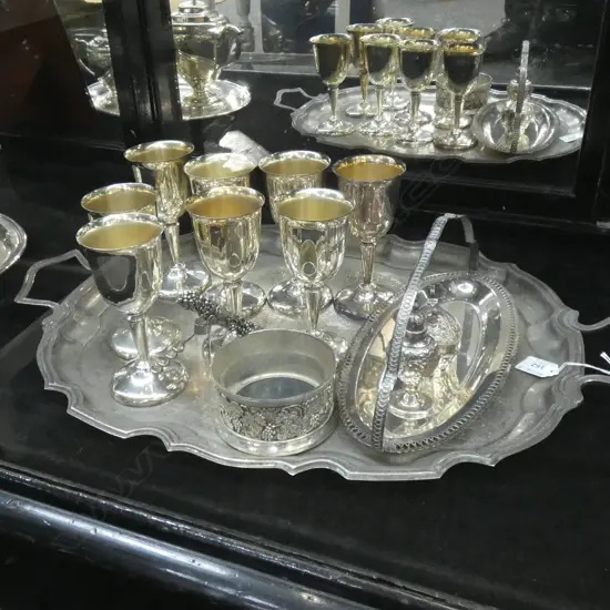 LG SILVER PLATE TRAY (L 600MM)  w 8 WINE GOBLETS / WINE COASTER & CORKSCREW ETC...