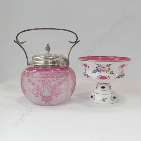 2 PINK GLASS PCES; BISCUIT BARREL & VASE 150mm dia
