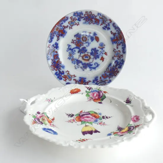 2 19thC PLATES H/PAINTED FLORALS + IMARI PALETTE