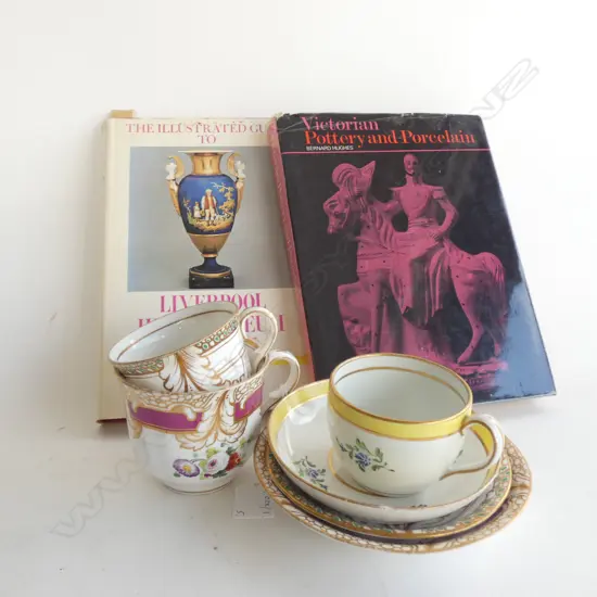 2 BOOKS ON ENGLISH CHINA + 3 REGENCY COALPORT CUPS & SAUCERS