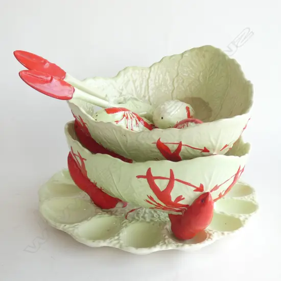 CARLTON WARE LOBSTER; 2 SALAD BOWLS/PR SALAD SERVERS / 3 SHAKERS/ DEVILLED EGG PLATE (DIA  300MM)