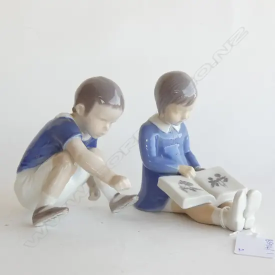 2 BING & GRONDAHL FIGURINES; GIRL READING & BOY CROUCHING