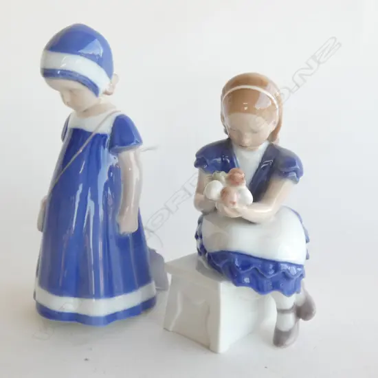 2 BING & GRONDAHL FIGURINES; GIRL w. FLOWERS & GIRL w. BAG H.170mm