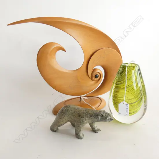 SIGNED ART GLASS VASE + ROBYN HARPER RIMU SCULPTURE + GREEN STONE POLAR BEAR