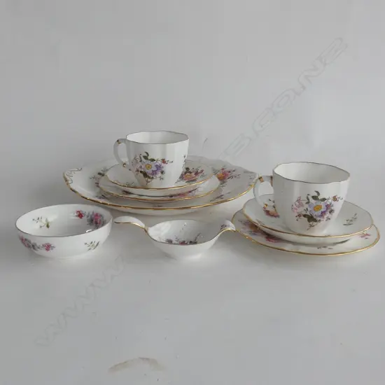 13 PCS ROYAL CROWN DERBY (RED STAMP) 2 TRIOS / CAKE PLATE / TEA STAINER & DISH ETC...