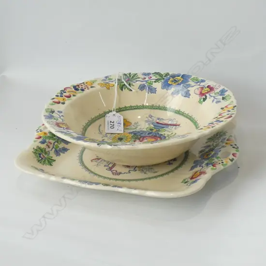 MASONS STRATHMORE BOWL (DIA 240MM) & CAKE PLATE (265MM) (BOWL HAS DARK STAIN)