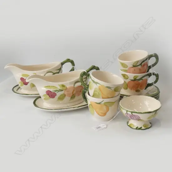 MASONS IRONSTONE 2 GRAVY JUGS & DISHES, 4 C&S, SM BOWL - FRUIT PATTERN