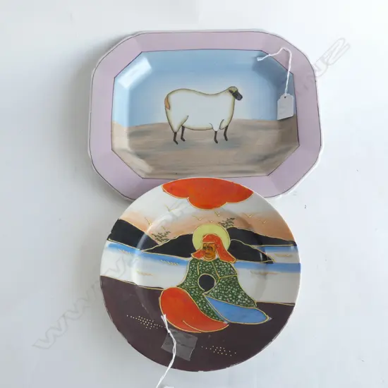 2 OLD ORIENTAL PLATES - ONE WITH A SHEEP 250 X 310MM + ORIENTAL MAN DIA 220MM