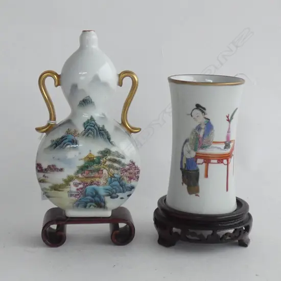 2 ORIENTAL FAMILLE ROSE VASES ON STANDS; PEN HOLDER & GOURD H.200mm...