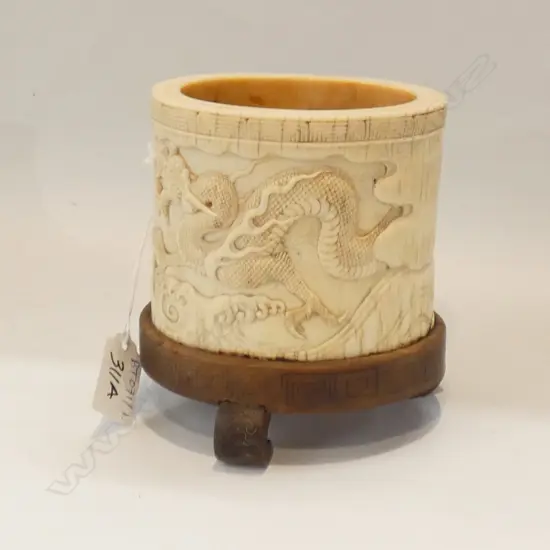 CHINESE CARVED IVORY TUSK SECTION CANISTER H.130mm