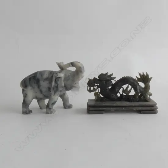 MARBLE CARVED ELEPHANT (L 165MM) + CARVED ORIENTAL DRAGON (L175MM)