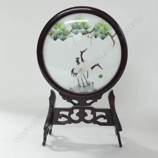 EMBROIDERED SILK STORKS IN GLASS WITH WOODEN FRAME & STAND (DIA 215MM) - IN ORIGINAL BOX 