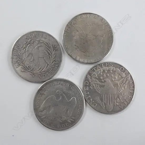 FOUR OLD AMERICAN SILVER DOLLAR COINS; 1796, 1799, 1840 & 1906
