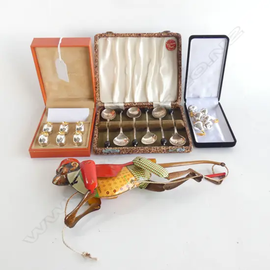 TIN CLIMBING MONEY TOY, 2 SETS OF NAME HOLDERS, SET COFFEE SPOONS CASED