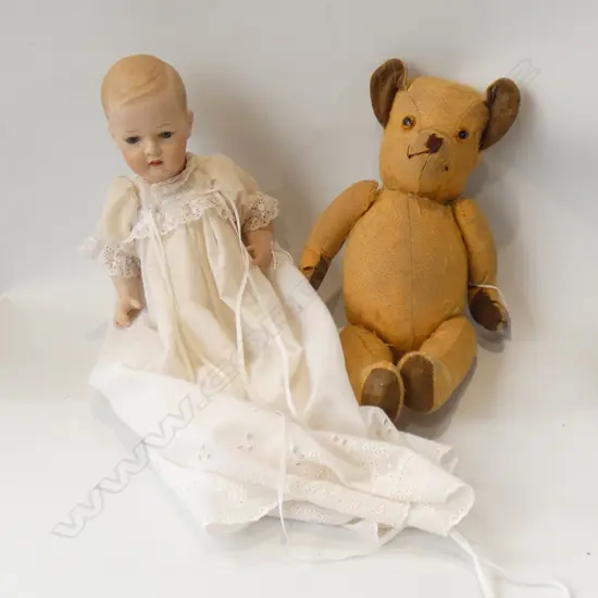 VINTAGE TEDDY BEAR & CHINA DOLL