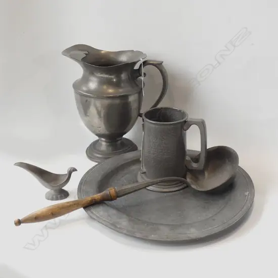 ANTIQUE PEWTER CHARGER, JUG w ICE CATCHER, LADLE, ETC