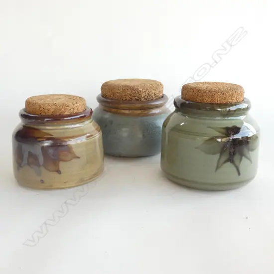 3 STUDIO POTTERY CONTAINERS; CORK LIDS