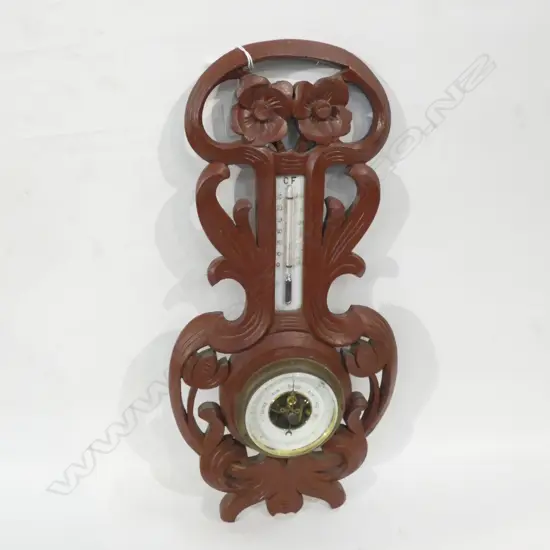 BAROMETER & THERMOMETER IN PAINTED CARVED WOODEN FRAME H.510mm