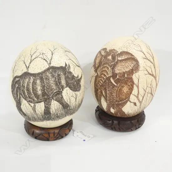 PR ETCHED OSTRICH EGGS WITH WOODEN STANDS