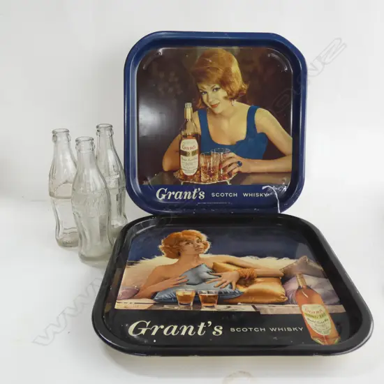 PR GRANTS SCOTCH WHISKY 1950'S TRAYS + 3 COKE BOTTLES 