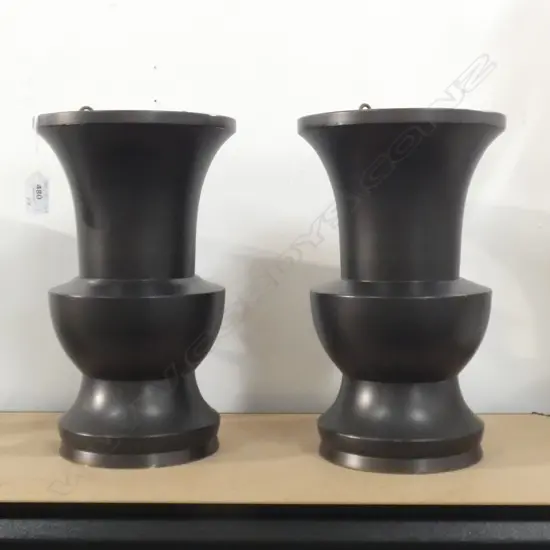 PAIR OF BRONZE TEMPLE VASES COPPER INSERTS H308mm