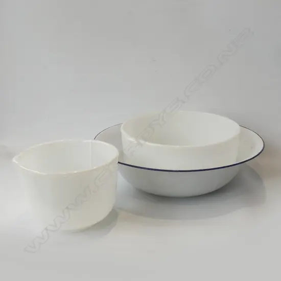 2 VINTAGE MILK GLASS MIXING BOWLS + ENAMEL BOWL 340mm dia