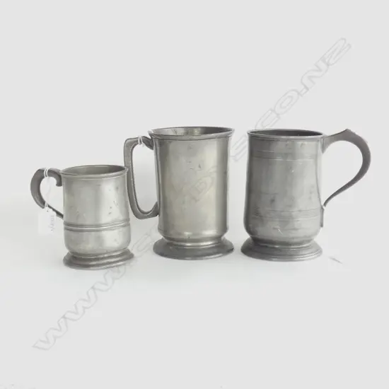 3 ANTIQUE PEWTER MUGS, (1 PINT &TWO 1 QUART) w ENGRAVED INSCRIPTIONS UNDERNEATH TWO