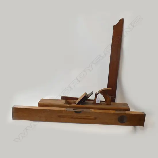 3 OLD TOOLS; PLANE, SQUARE & LEVEL
