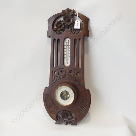 BAROMETER & THERMOMETER IN ART NOUEAU WOODEN SURROUND H.515mm