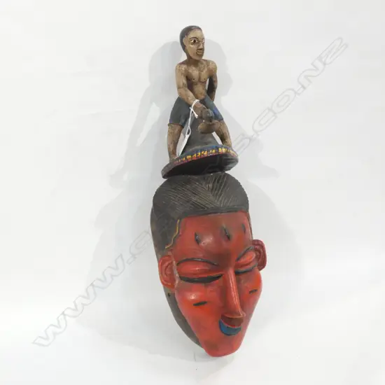 CARVED WOODEN MASK w. FIGURE ON TOP H.520mm
