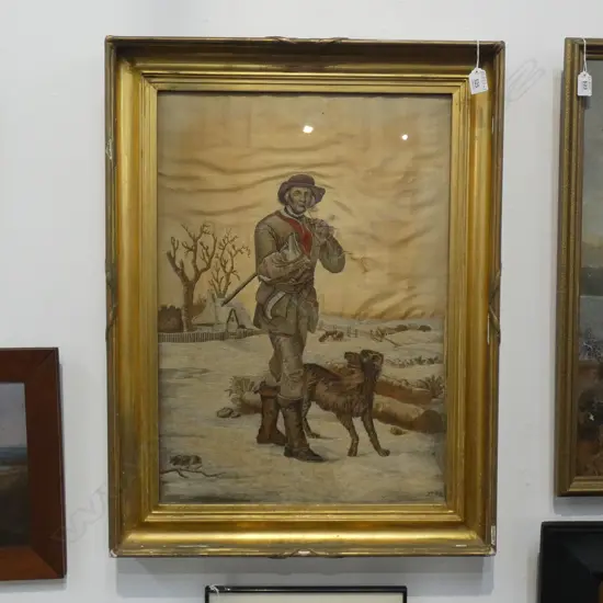 ANTIQUE GILT FRAMED EMBROIDERED MAN & DOG ON SILK - C1785  440 X 630MM - SOME DAMAGE TO SILK