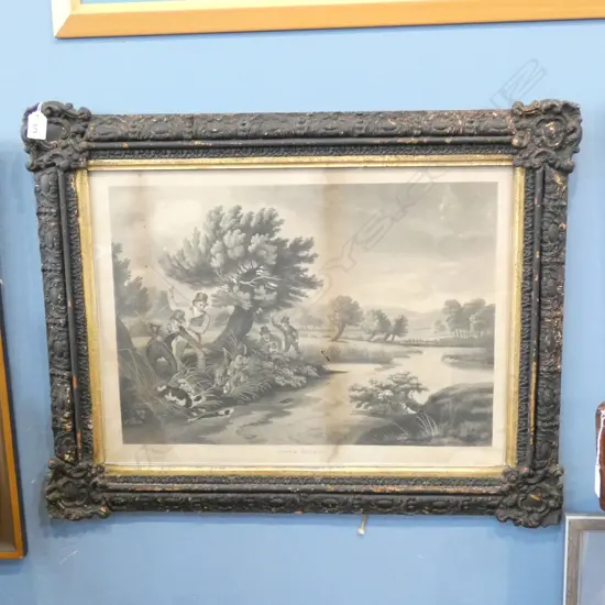 19thC ENGRAVING 'OTTER HUNTING' 370x530mm