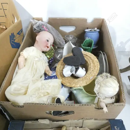 BOX LOT ASST. CRYSTAL + ASST. CHINA, DOLLS ETC