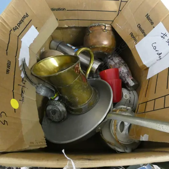BOX LOT OF ASSORTED COPPER, CERAMICS, ETC