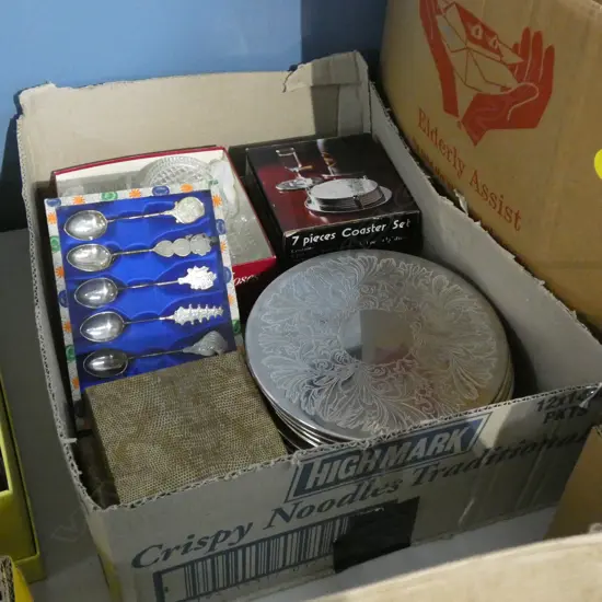 BOX LOT ASST GLASS  / LG SILVER PLATE COASTERS / ETC.