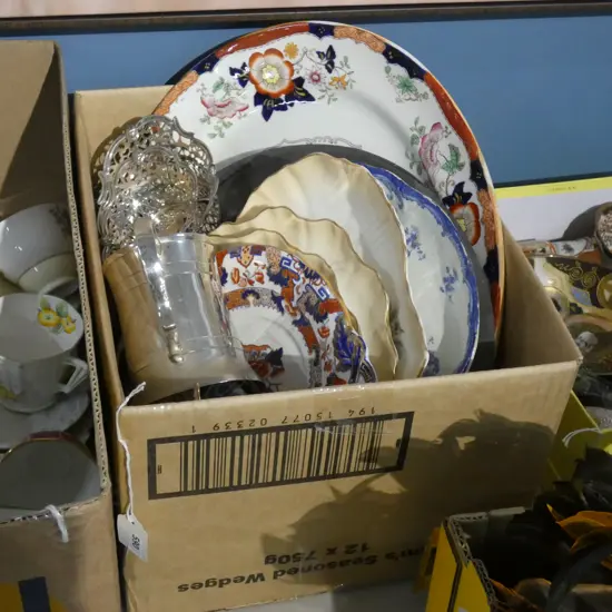 BOX LOT MEAT DISH, 2 PEWTER PLATES, EP JUG, MUG, PLATES ETC