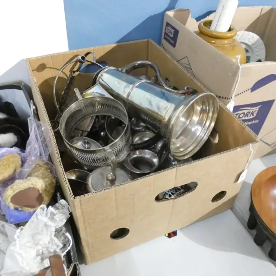 LG BOX LOT ASST SILVER PLATE - TEAPOTS, TRAYS/ JUGS ETC.. 