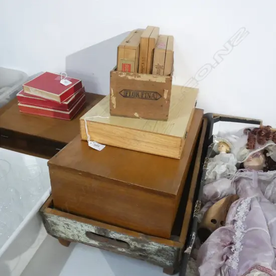 WOODEN CRATE w. 'GARLIC' STENCIL + ASST. CIGAR BOXES ETC