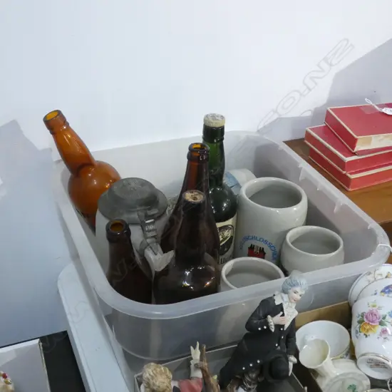 BOX LOT STEINS, BEER BOTTLE ETC