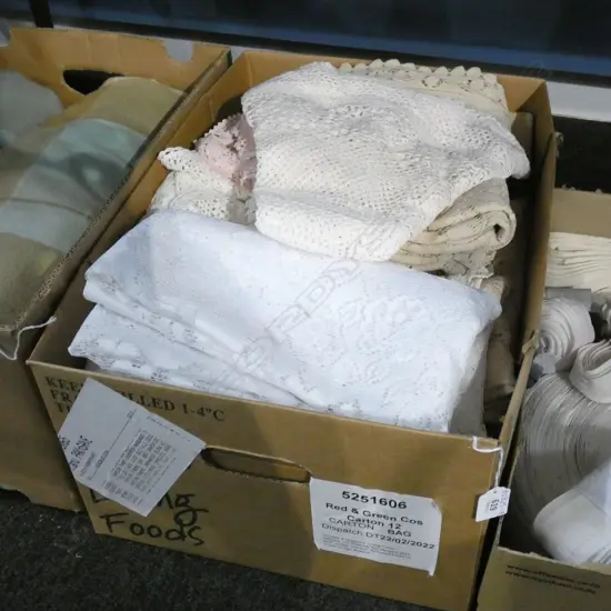 BOX LOT ASST CROCHET & LACE CLOTHS & DOILIES  ETC..