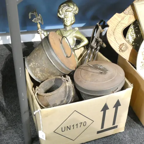 BOX LOT FIRE TOOLS, GLUE POT ETC