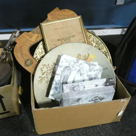 BOX LOT SAMPLER, FRAME, BRASS CHARGER, ETC