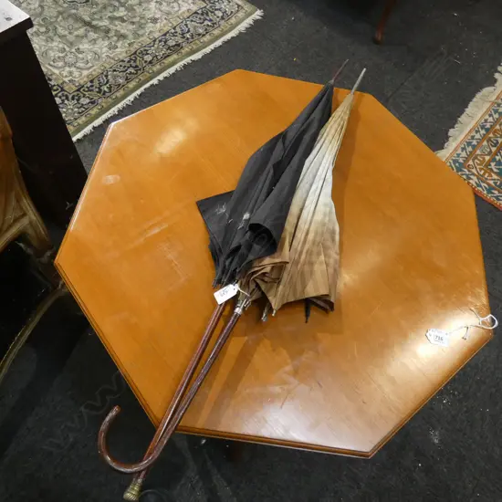 2 VICTORIAN PARASOLS;1 W BRASS TIPPED ENDS & 1 LEATHER HANDLE