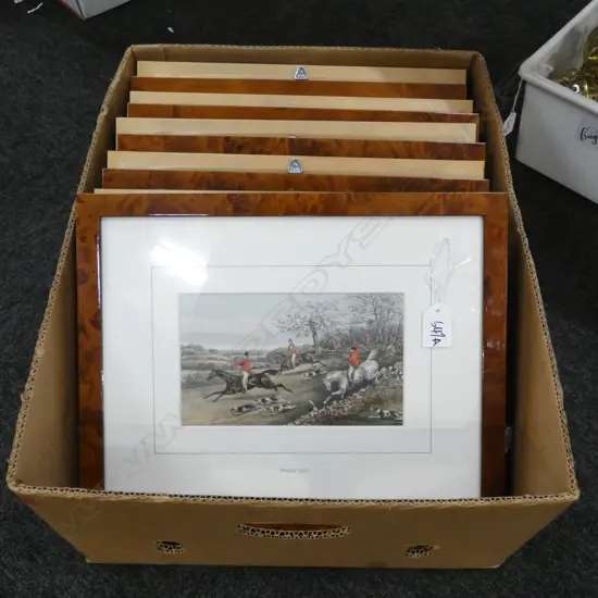 SET OF 12 ALKEN HUNTING PRINTS, EA 110 x 185mm. IN POLISHED BURR WALNUT FRAMES