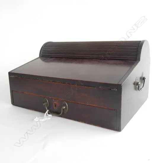 VICTORIAN MAHOGANY ROLL TOP WRITING SLOPE - HAS 4 GLASS INK BOTTLES 355 X 265 X 200MM