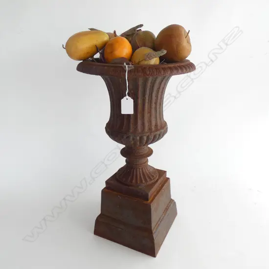 VINTAGE CAST IRON CLASSICAL URN ON PLINTH. H.495