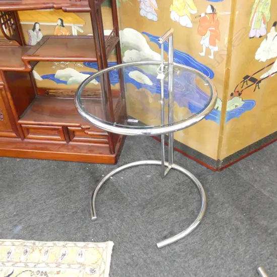 EILEEN GRAY E 1027 STYLE CHROME & GLASS SIDE TABLE H.680mm 510mm dia