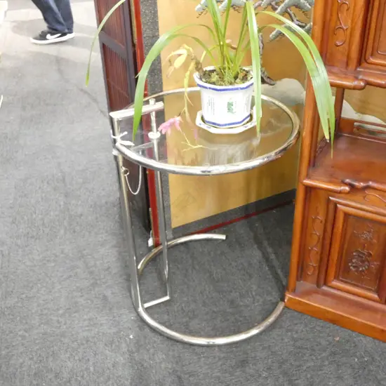 EILEEN GRAY E 1027 STYLE CHROME & GLASS SIDE TABLE H.680mm 510mm dia