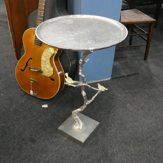 PR SILVER METAL SIDE TABLES; BRANCH w. GILT BIRDS H.700mm 430mm dia 